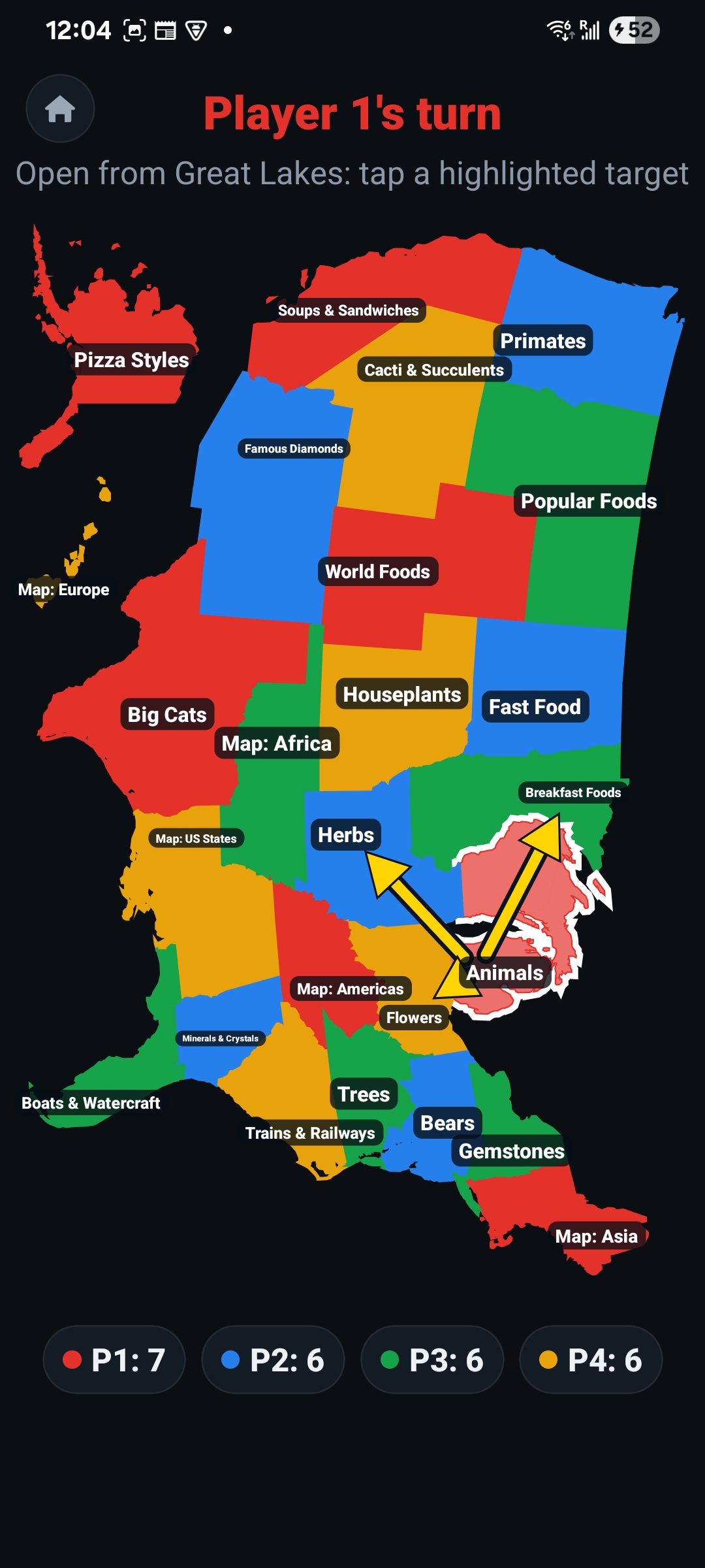 Pic-Off: Risk mode territory map with four players competing for categories